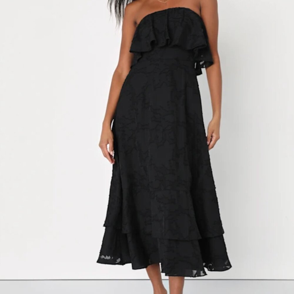 Lulu's Black Strapless Ruffle Midi Dress